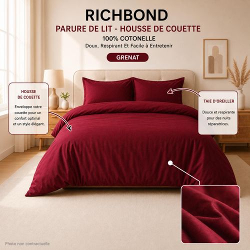 Parure De Lit - Housse De Couette 220x240 + 2 Taies D'oreiller - Pour Lit 140cm Et 160cm - 100% Cotonelle - Doux, Respirant Et Facile à Entretenir - Grenat