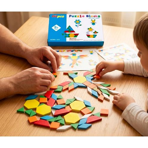 Jeu de Puzzle en Bois 60 Pièces - Blocs Géométriques de Construction Créative