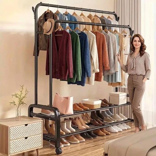 Portant à Vêtements Double Barre, Porte-Vêtements avec Étagères de Rangement, porte manteau, Penderie Multifonction sur Pied, Crochets, Chambre Dressing