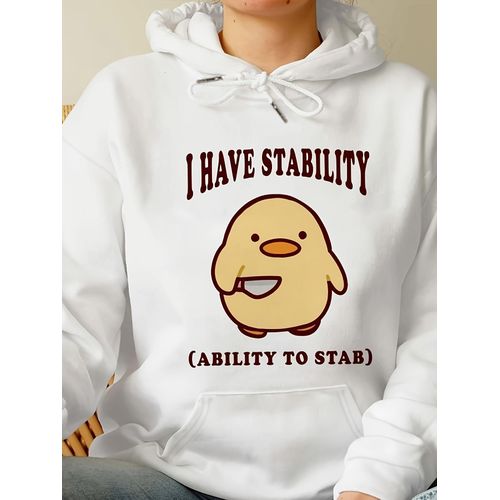 1pc Sweat à capuche unisexe décontracté en polyester avec inscription J'ai la stabilité, motif canard amusant, pull à manches longues avec poche, tissu tricoté, col à capuche, sweat-shirt d'automne/hiver
