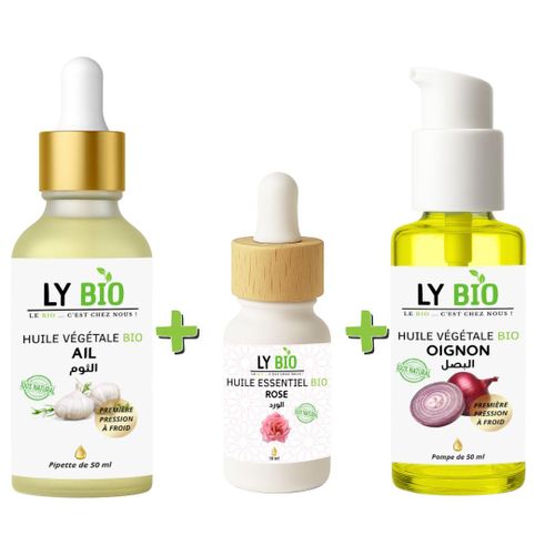 PACK HUILE AIL 50ML - PIPETTE HUILE ESSENTIEL ROSE 10ML HUILE OIGNON 50ML - POMPE