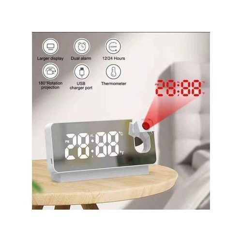 Réveil numérique LED avec projection mur/plafond, horloge digitale miroir grand écran, affichage heure, date et température °C/°F, alarme multifonction 12H/24H, vision nocturne, rechargeable USB, moderne pour chambre, bureau, chevet, maison.