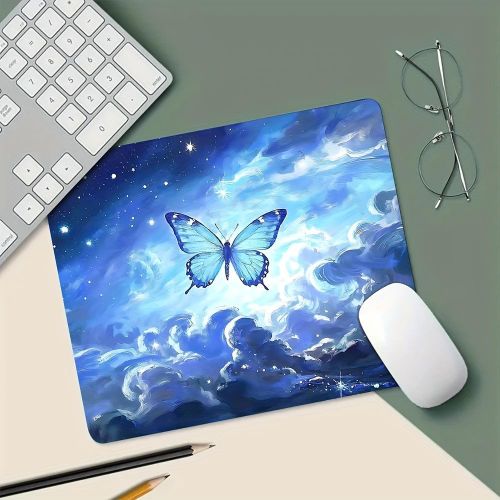 Tapis de Souris Lumineux Nuit Étoilée avec Papillon Bleu et Étoiles Scintillantes - Base Antidérapante Durable pour Bureau Jeux PCOrdinateur Portable - Accessoire Informatique Turquoise et Marine Portabilité Non Limitée aux Ordinateurs de Bureau