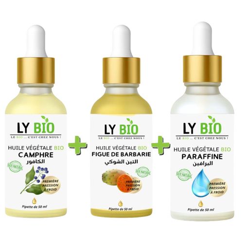 PACK HUILE CAMPHREE 50ML - PIPETTE HUILE FIGUE DE BARBARIE 50ML - PIPETTE HUILE PARAFFINE 50ML - PIPETTE