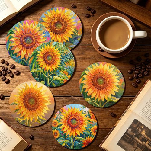 6 sous-verres en bois carton , style peinture à l'huile artistique, motif tournesol, couleurs riches, collision complète, vitalité naturelle pleine, matériau en bois carton de qualité supérieure, texture solide et durable, adaptés au salon, au bureau e
