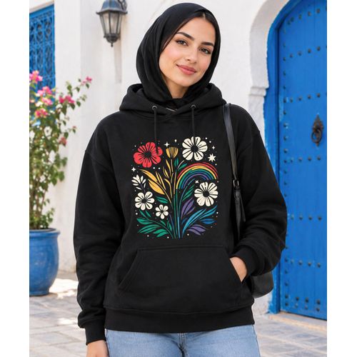 Sweat à capuche femme noir, 1 pièce, manches longues, imprimé floral multicolore et poche kangourou