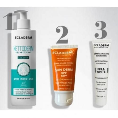 Pack 3 PCS complet écran solaire 50ml + crème éclaircissante +40ml + gel nettoyant 200ML ,