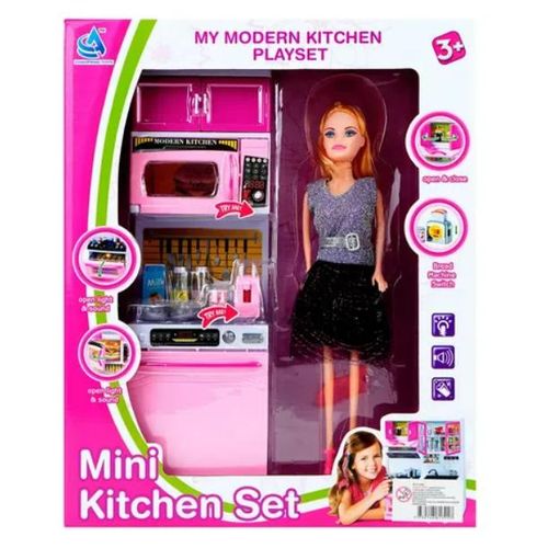 Coffret Mini Kitchen Set Fille avec Poupée Mannequin – Cuisine Jouet Moderne Interactive, Effets Sonores et Lumineux