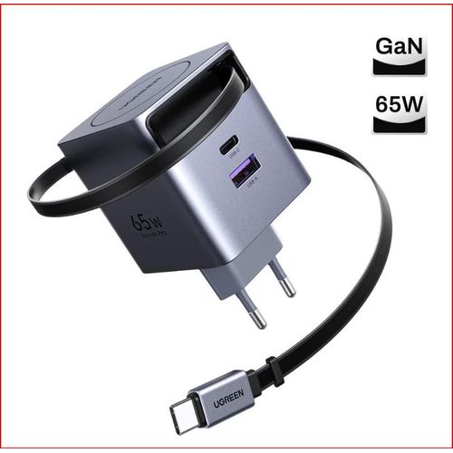 Chargeur GaN 65W ultra rapide, USB-C RETRACTABLE, compatible iPhone, Galaxy, charge simultanée de 3 appareils