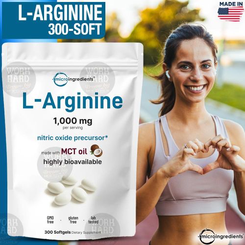 L-Arginine 1000mg Avec MCT Oil Nitric Oxide Precursor Extra Strength Formule d'acides aminés pour le bien-être quotidien 300 Softgels