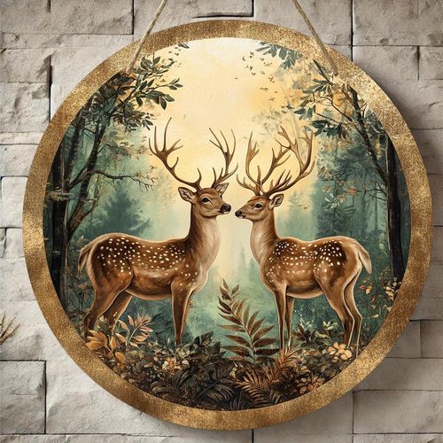 Plaque Ronde en Bois à Imprimé Plat 2D avec Thème d'Élan, Adaptée pour Décoration de Bar Cuisine Café Salon Bureau, Cadeau de Fête, 20.32x20.32 cm