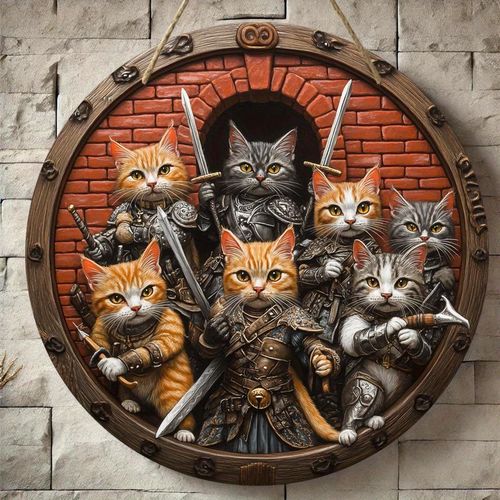Plaque Décorative Ronde en Bois à Imprimé Plat 2D, Thème Chat Samouraï, Convient pour Bar, Cuisine, Café, Maison, Salon, Bureau, Décoration de Fête, Cadeau Festif, 20.32x20.32cm
