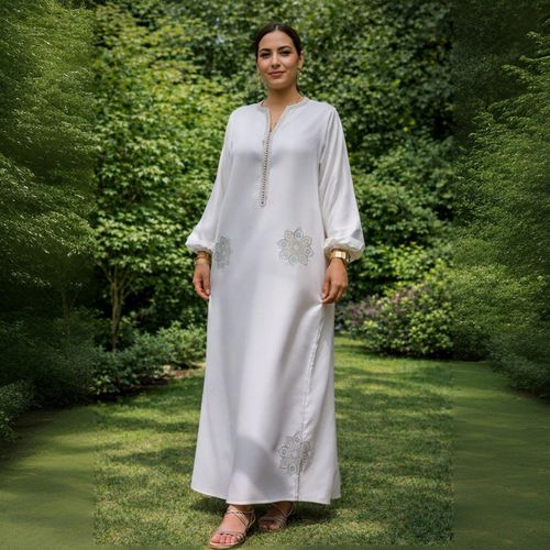 Caftan en Crêpe texturé Artisanal – Élégance Intemporelle - blanc