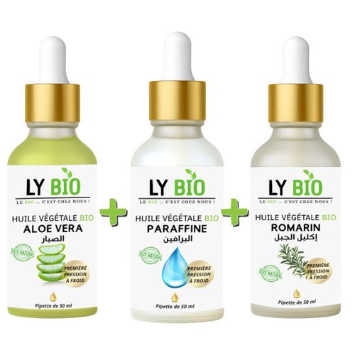 PACK HUILE ALOE VERA 50ml - PIPETTE HUILE PARAFFINE 50ML - PIPETTE HUILE ROMARIN 50ml - PIPETTE