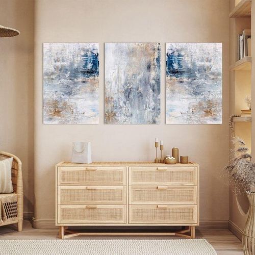 Set de 3 Tableaux Abstraits Modernes – Impression sur Toile Tons Bleu Marine, Gris et Beige pour Décoration Murale