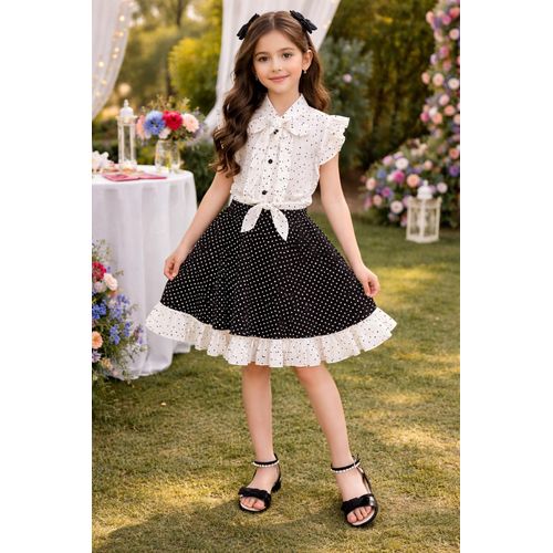 Robe fille lgante pois noir et blanc avec nud Style chic tendance