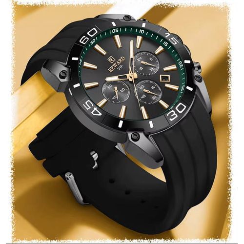 Montre Homme Sport Chronographe VIP 831105 Cadran Noir Lunette Verte Or Bracelet Silicone Dateur Luminescent Étanche