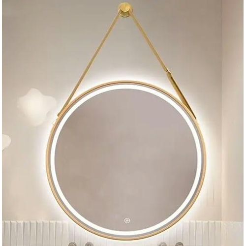 Miroir rond orné d'un éclairage LED et d'un cordon doré, 70x70