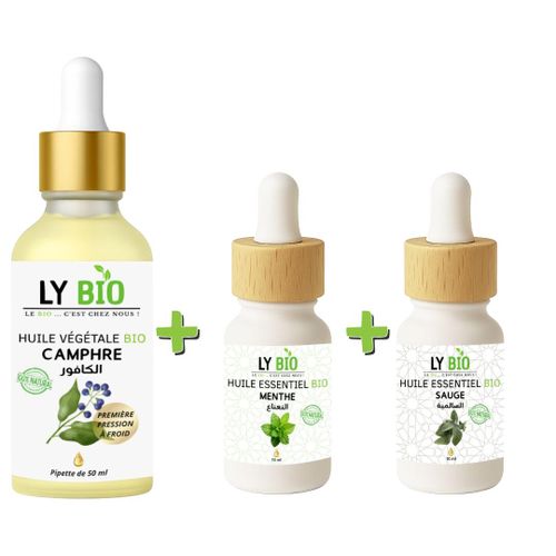 PACK HUILE CAMPHREE 50ML - PIPETTE + HUILE ESSENTIEL MENTHE 10ML + HUILE ESSENTIEL SAUGE 10ML