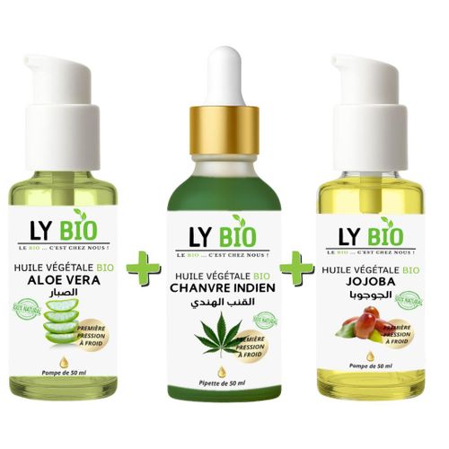 PACK HUILE ALOE VERA 50ml - POMPE + HUILE HYDRATANTE & NUTRITIVE 50ML - PIPETTE + HUILE JOJOBA 50ML - POMPE