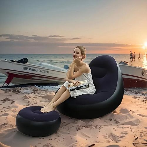 Canapé Gonflable Avec Repose-Pieds, Fauteuil Gonflable Pliable, Chaise Longue Confortable, Siège Portable PVC Floqué, Idéal Camping, Plage, Jardin, Salon