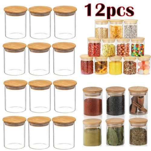 Lot de 12 Bocaux en Verre Transparent avec Couvercle Bambou Hermétique – Rangement Alimentaire pour Épices, Céréales, Pâtes, Snacks