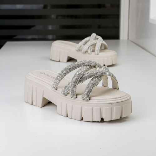 Sandale Plate pour Femme avec Strass Confortable BEIGE