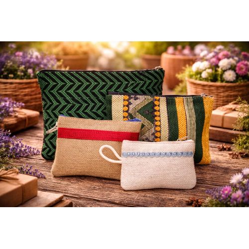 Lot de 4 Pochettes Artisanales – Tissus Naturels – Fait Main – Design Élégant