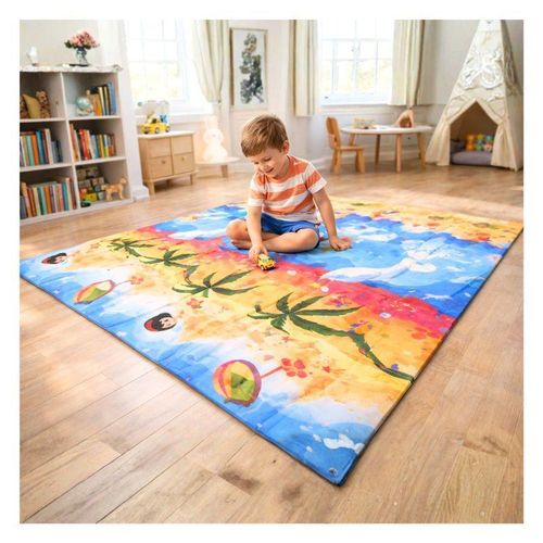 بساط لعب قابل للطي للأطفال من فوم XPE مزدوج الوجهين مقاس 178 x 195 سم بسماكة 1.5 سم مساحة واسعة للأرضيات الداخلية بتصميم حيوانات وشاطئ تعليمي للزحف واللعب والحماية من صدمات المنزل