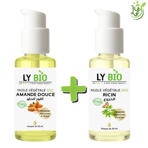 PACK HUILE AMANDE DOUCE 50ML - POMPE HUILE RICIN 50ML - POMPE