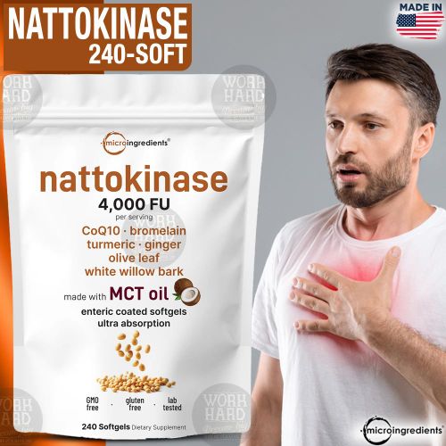 Nattokinase 4,000 FU 7-in-1 Ultra Absorption Cardiovascular Avec CoQ10, Bromelain, Turmeric, Ginger, Olive Leaf White Willow Bark 240 Softgels