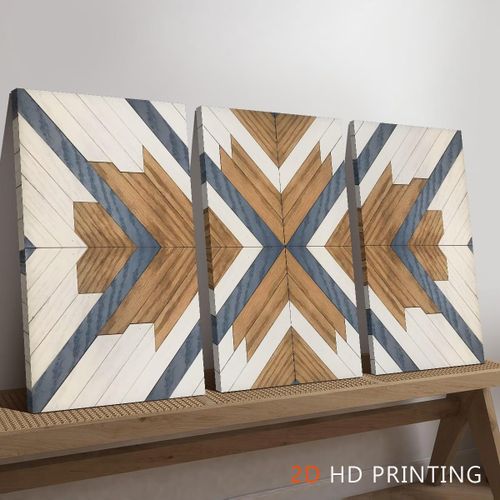 Tableau Mural Art Géométrique Mosaïque Bois Chevron Bleu Pétrole et Chêne Triptyque 3 Pièces 60 x 40 cm - Toile Canvas HD sur Châssis Bois