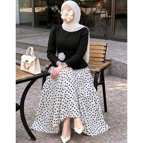 Ensemble Femme 2 Pièces Élégant en Crêpe – Jupe Longue à Pois & Haut Chic - Ref 129 - Blanc