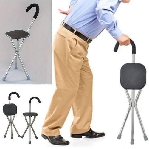 Canne avec siège pliable robuste et base stable en acier inoxydable à trois pieds