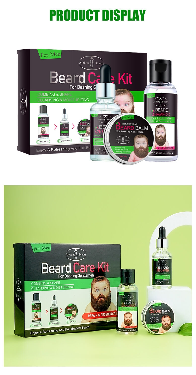 Aichun Beauty Ensemble d'huiles de croissance pour barbe noire Favorise la croissance et répare la barbe endommagée, propre et hydratante Kit de soins de la barbe pour hommes