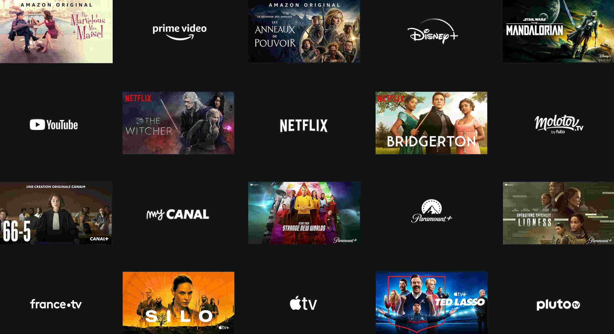 Montage en damier de scènes de différentes séries avec les logos des services de streaming comme Prime Video, Apple TV et bien plus.