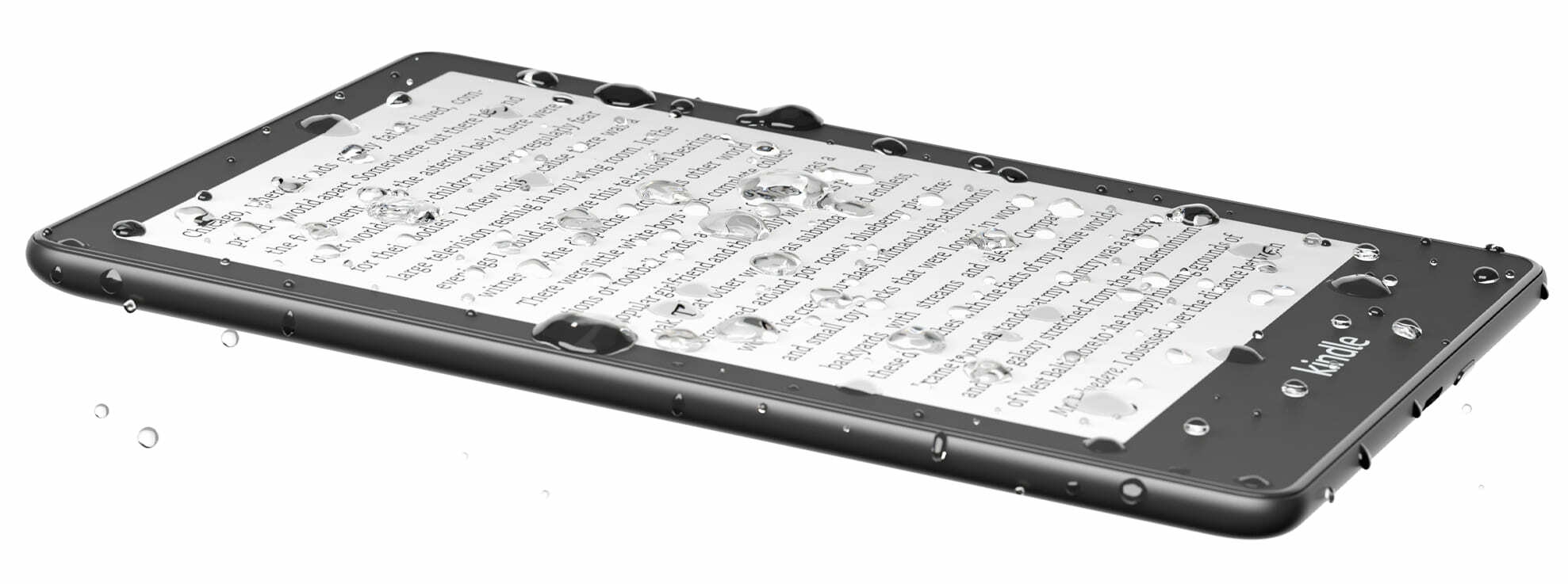 Un Kindle Paperwhite avec des gouttelettes d’eau dessus sur un arrière-plan blanc.