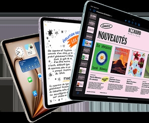 Trois écrans d'iPad Air montrant iPadOS et des fonctionnalités d'apps