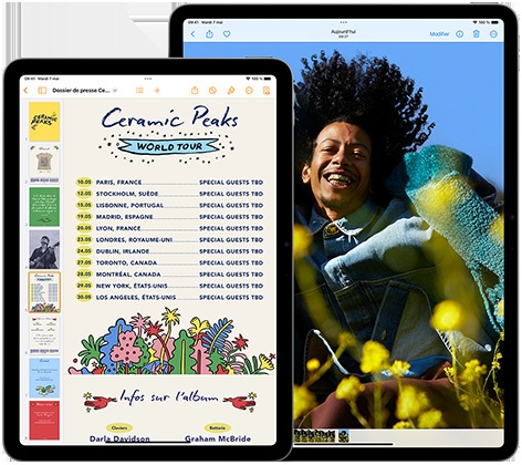 iPad 11 pouces et 13 pouces placés côte à côte mettant en valeur l'écran Liquid Retina