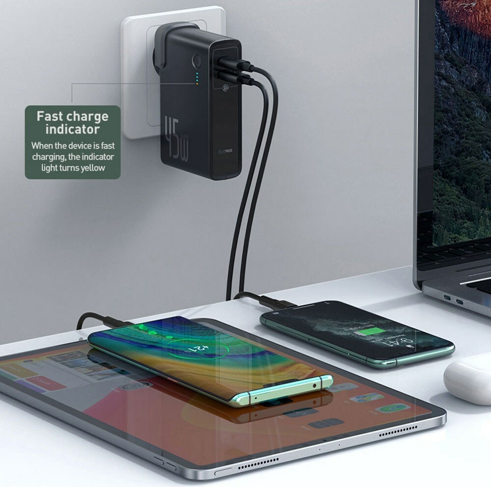 Baseus GaN 2 In 1 45W USB-C Wall Charger PD Fast Charging  + Power Bank 10000mAh Battery PD3.0 QC3.0 Power Delivery Quick Charge Power Supply For iPhone 11 SE 2020 For iPad Pro 2020 Xiaomi 10 Huawei P40 Pro Eu Port - Black