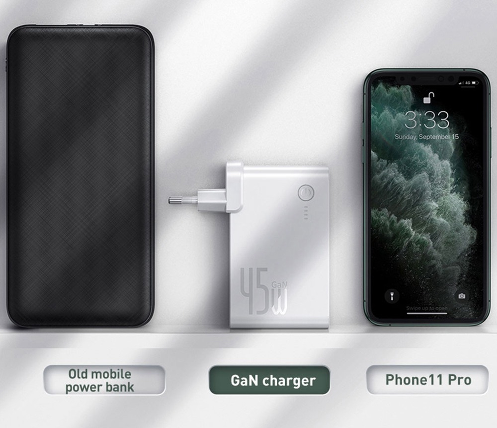 Baseus GaN 2 In 1 45W USB-C Wall Charger PD Fast Charging  + Power Bank 10000mAh Battery PD3.0 QC3.0 Power Delivery Quick Charge Power Supply For iPhone 11 SE 2020 For iPad Pro 2020 Xiaomi 10 Huawei P40 Pro Eu Port - Black