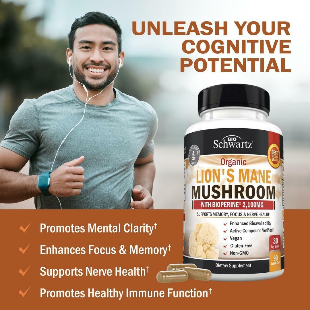 Organic Lion's Mane Nootropic: 2100mg Memory & Focus Support with BioP