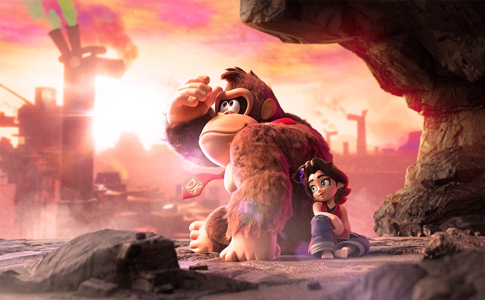 Paysage d'art numérique avec des falaises rocheuses et des montagnes sous un ciel rose et orange spectaculaire avec des silhouettes dans une atmosphère de coucher ou de lever du soleil.