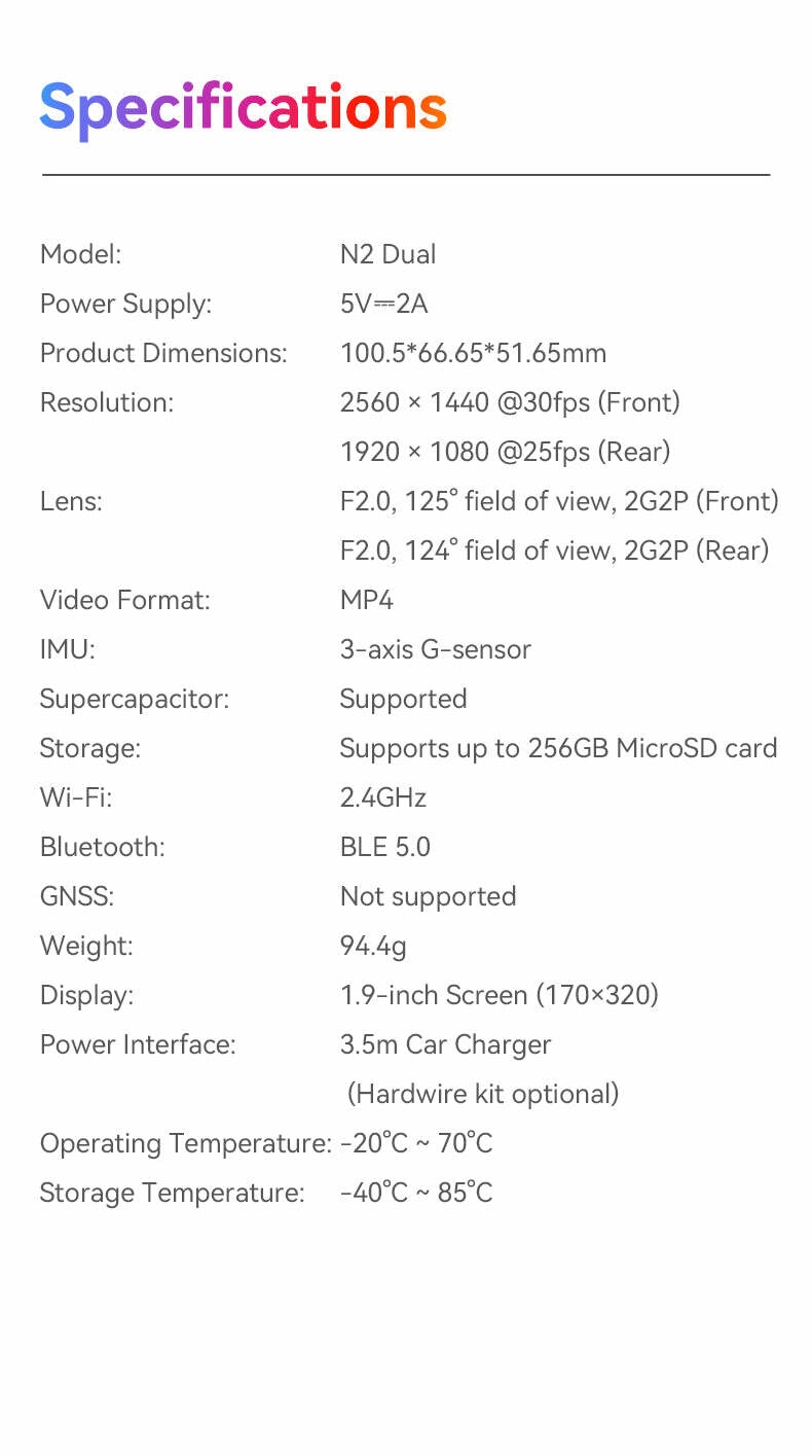 N2 MB 15 DDPAI N2 Dual Maroc – Caméra Avant + Arrière 2K + Carte 128GB U3 | Garantie 1 an