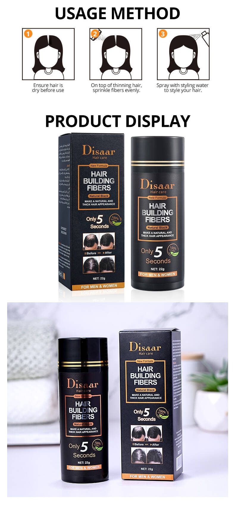 Disaar Hair Fiber Organic Hair Loss Treatment Instant Thickening Fiber Powder Black Color Hair Building Fiber For Men Women
