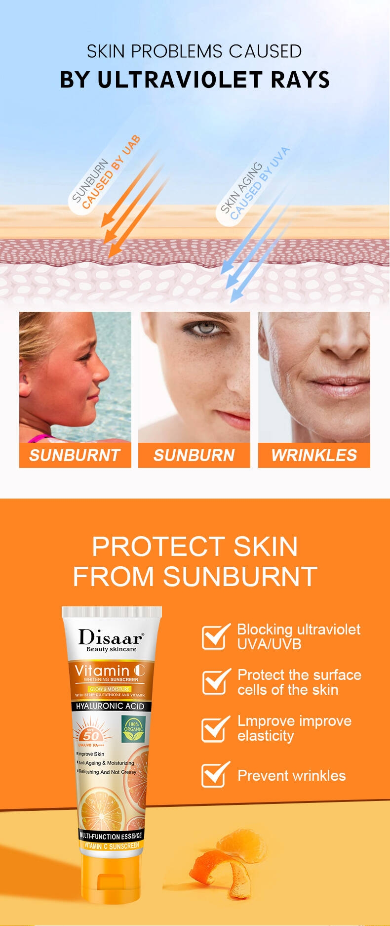 Disaar Summer SPF 50 + Crème Solaire Blanchissante 100% Bio Vitamine C Crème Solaire Visage 50g Private Label