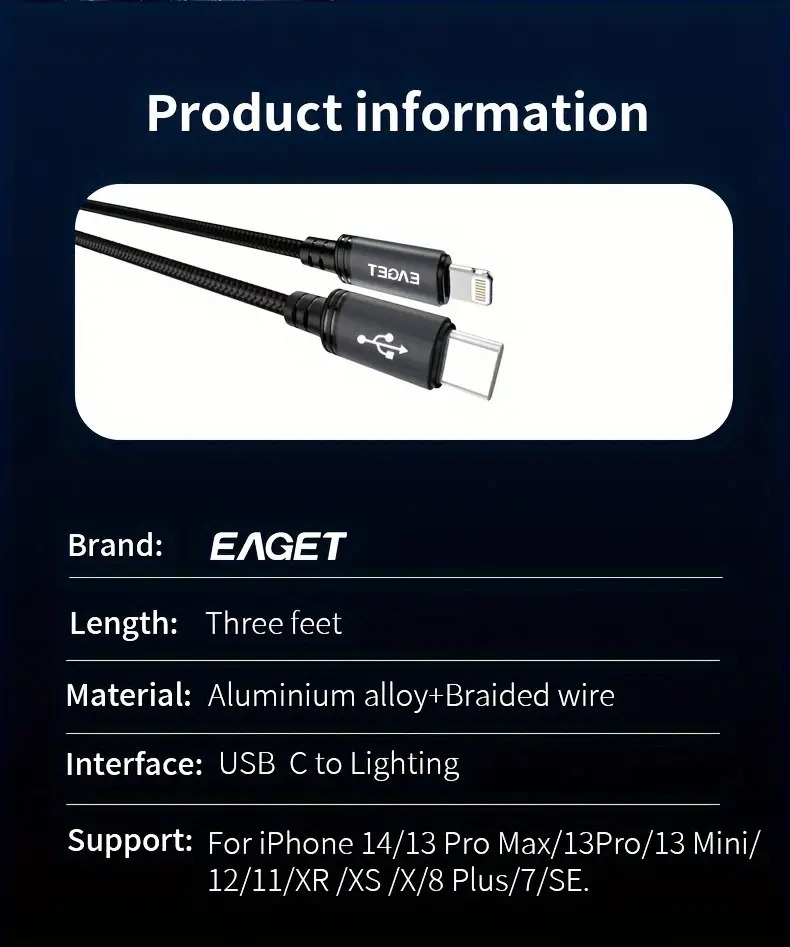 câble de charge rapide pd 27w, usb-c vers lightning en nylon, compatible avec iphone 14/13/12/11/x/8/7/6/5s, pro, durable pour une utilisation , adapté aux Détails du produit 6