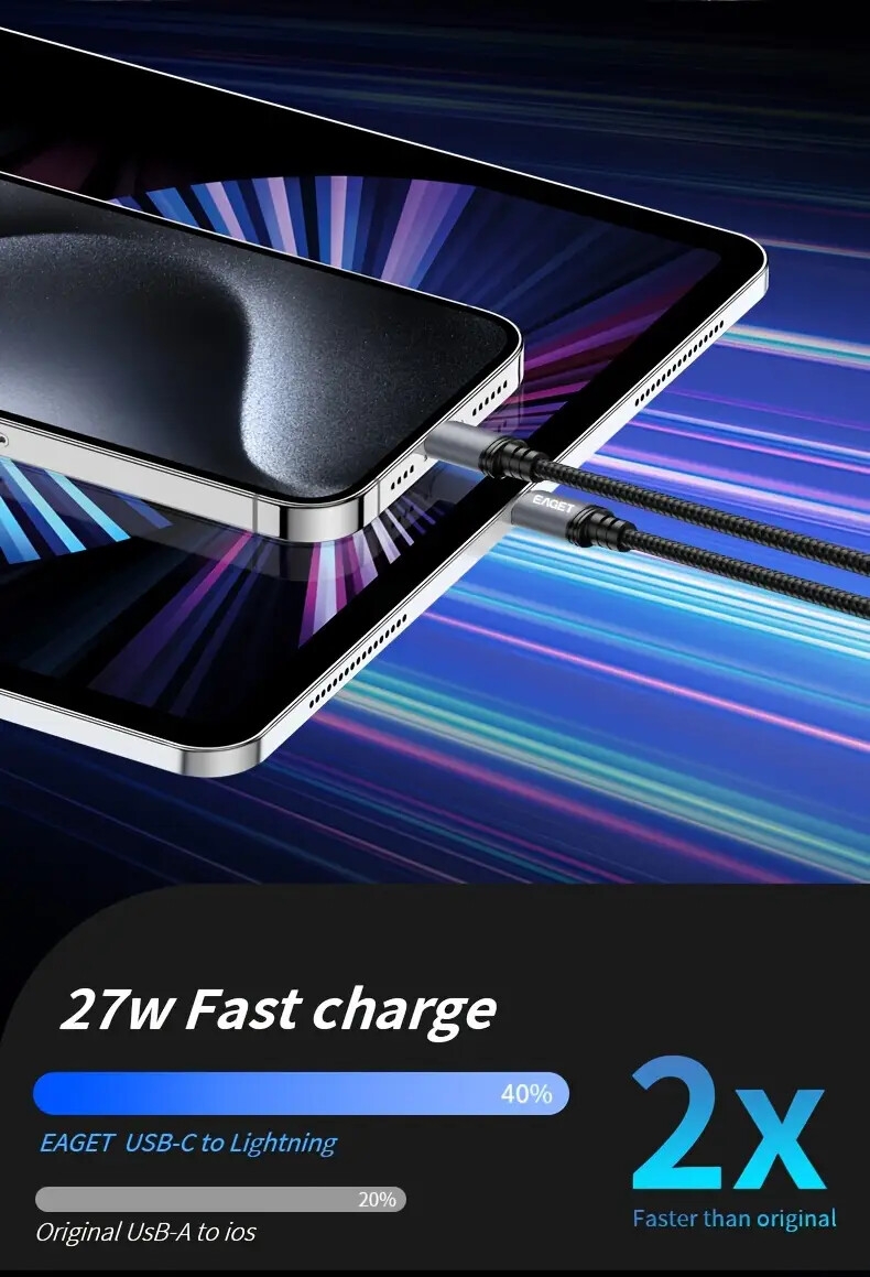 câble de charge rapide pd 27w, usb-c vers lightning en nylon, compatible avec iphone 14/13/12/11/x/8/7/6/5s, pro, durable pour une utilisation , adapté aux Détails du produit 4