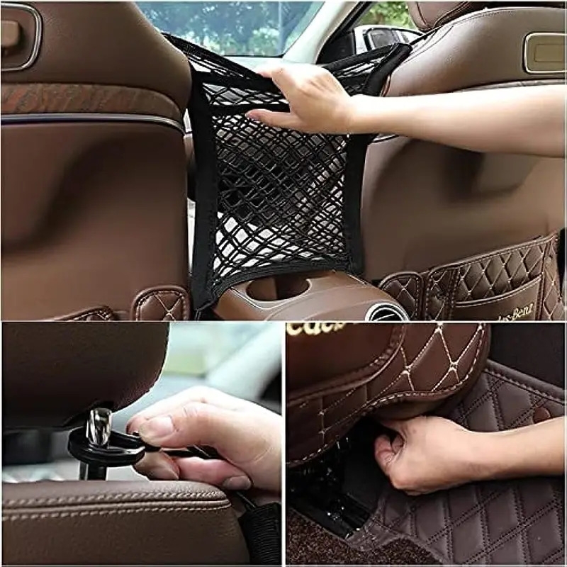 1pc 3-Layer Car Mesh Organizer, Sac Filet De Siège Arrière, Barrière Pour Animaux De Compagnie Arrière, Porte-mouchoirs De Cargaison, Porte-monnaie De Rangement, Pochette De Filet Pour Voiture détails 2