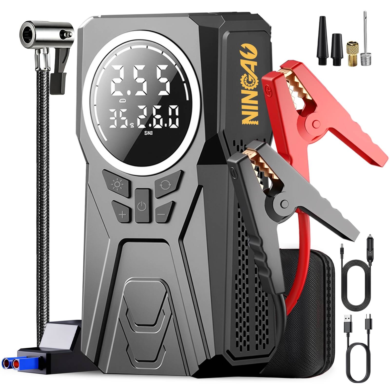 Démarreur de batterie de voiture 3000 A, compresseur d'air portable 150 PSI, gonfleur de pneus, lampe LED multifonction, booster de batterie pour démarreur de voiture